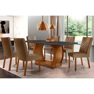 Imagem de Sala De Jantar Completa Jade Tampo Madeirado Com Vidro Reto 180x90 E 6 Cadeiras Jade Imbuia - Veludo Capuccino - Rufato