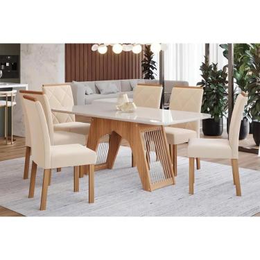 Imagem de Sala De Jantar Completa Carol Tampo Madeirado Com Vidro 180x90cm E 6 Cadeiras Fernanda Madeirado-suede Nude Bege - Cimol