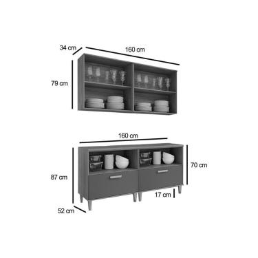 Imagem de Cozinha Completa Bella 3 Portas 1 Gaveta MDF 160cm Titânio com 2 Armários e 2 Balcões