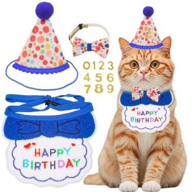 Imagem de AgoumLux Conjunto de artigos de festa de aniversário para gatos, meninas, meninos, gatos, aniversário, bandana, chapéu, números, decorações, conjunto de roupas, azul