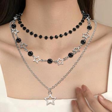 Imagem de Colar de coração empilhável e estrela para mulheres, elegante, gargantilha em camadas, conjunto de correntes de clavícula com estrelas Fahison para mulheres, smoll, Ferro, Sem Pedra Preciosa
