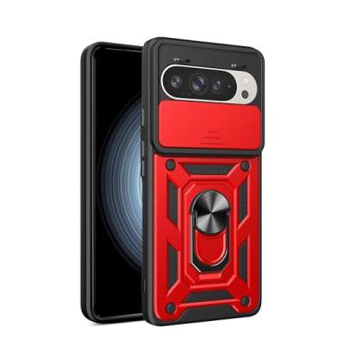 Imagem de RKINC Capa para Google Pixel 9/9 Pro com capa deslizante para câmera e anel giratório com suporte de grau militar à prova de choque com suporte magnético para carro, vermelho