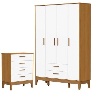 Imagem de Guarda Roupa Infantil Flip 4 Portas Com Cômoda Gaveteiro Infantil Flip Branco Acetinado Savana - Reller