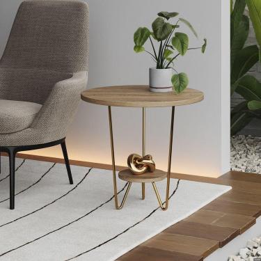 Imagem de Mesa Lateral Redonda Industrial Italy Ferro Dourado E Tampo Freijó