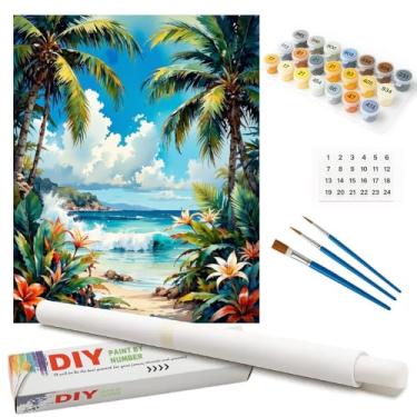 Imagem de Kit de pintura de paisagem marítima por números para adultos - Pintura de praia tropical DIY com palmeiras e flores em tela enrolada 40,6 x 50,8 cm, conjunto de tinta acrílica, adequado para