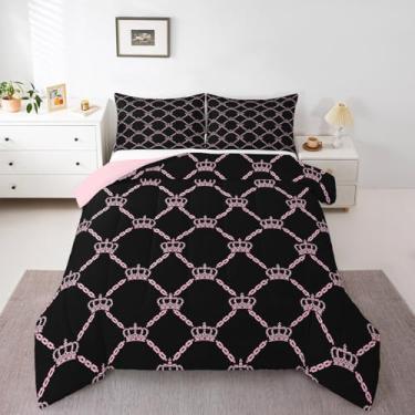Imagem de Feelyou Conjunto de cama solteiro com coroa de Dia dos Namorados, preto, rosa, para casais, adultos, estilo princesa, conjunto de edredom moderno, bonito, 2 peças