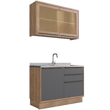 Imagem de Cozinha Modulada Compacta 100% Mdf Édez Une, 2 Peças, Grafite e Louro Freijó