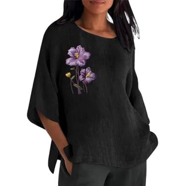 Imagem de Blusa feminina de linho Alzheimer, manga 3/4, roxa, estampa floral, camisetas grandes, blusas soltas, A - Preto, M