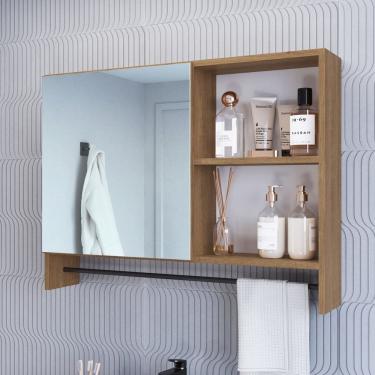 Imagem de Armário Espelheira para Banheiro com 1 Porta 1 Toalheiro e Nichos Mel