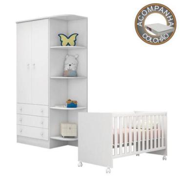 Imagem de Quarto de Bebê Berço c/Rod Colchão Light e Guarda Roupa Doce Sonho Bra