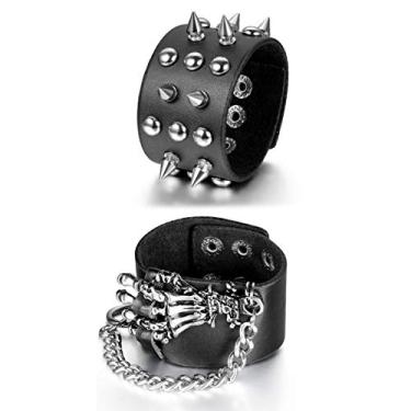 Imagem de Pulseira Aroncent unissex de couro com alça larga para motociclista punk rock com pontas de metal preto e corrente ajustável