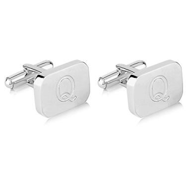 Imagem de Abotoaduras masculinas de aço inoxidável gravadas com iniciais banhadas a ouro branco 18K com caixa de presente - Letras personalizadas do alfabeto A-Z da Lux & Pair, Aço inoxidável, Na,