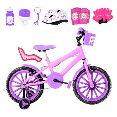 Imagem de Bicicleta Infantil Aro 16 Nylon + Kit Premium Rosa E Lilás