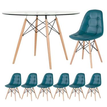 Imagem de Mesa Eames Com Tampo De Vidro 120 Cm + 6 Cadeiras Estofadas Eiffel Botonê Turquesa