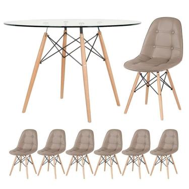Imagem de Mesa Eames Com Tampo De Vidro 120 Cm + 6 Cadeiras Estofadas Eiffel Botonê Nude