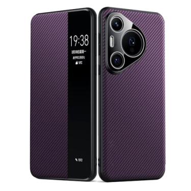 Imagem de LTLMYDAM Capa de couro para Huawei Pura 80 Ultra/80 Pro/80 Pro+/80, Flip Clear View Small Window Business Slim Cover Capa de textura de fibra de carbono, roxo, 80 Pro