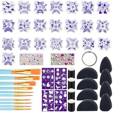 Imagem de Kit de 50 peças de estênceis de pintura facial de princesa de conto de fadas, modelos de arte de pintura facial corporal reutilizáveis para Halloween, maquiagem de festa e arte de tatuagem temporária