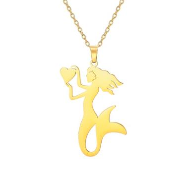 Imagem de UNIFT Colar de sereia feminino de aço inoxidável em forma de coração com silhueta de sereia, berloque, joias delicadas do oceano, presentes, Adjustable, Aço inoxidável, Sem Pedra Preciosa