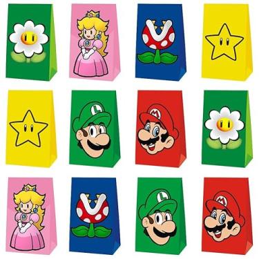 Imagem de 12 peças de sacolas de presente de festa Mario para decoração de aniversário Mario, suprimentos de festa