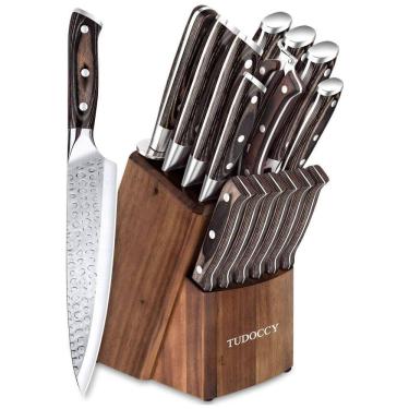 Imagem de Conjunto de Facas em Aço Inoxidável com Afiador Embutido e Bloco de Bancada 16 Peças, TUDOCCY, Marrom