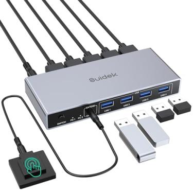 Imagem de SUIDEK Comutador HDMI KVM 1 monitor 2 computadores, 4K @ 60Hz USB 3.0 KVM Switcher com 4 portas USB para 2 computadores compartilhar teclado mouse impressora, inclui controle de mesa, 2 cabos USB e