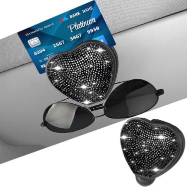 Imagem de Suporte de óculos de sol brilhante para viseira de sol de carro, suporte magnético de couro PU, clipes organizadores, clipes, decoração de cristal, clipe de cartão de bilhete (preto)