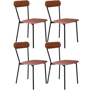 Imagem de Kit 04 Cadeiras Estofada Para Sala De Jantar Liora Preto C01 Linho Rosê Courino Caramelo - Lyam Decor
