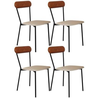 Imagem de Kit 04 Cadeiras Estofada Para Sala De Jantar Liora Preto C01 Linho Areia Courino Caramelo - Lyam Decor