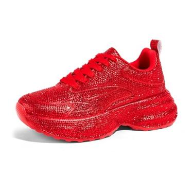 Imagem de LUCKY STEP Tênis feminino grosso com strass, moderno, plataforma, brilhante, pai, casual, tênis leve, caminhada, esporte, Vermelho, 37