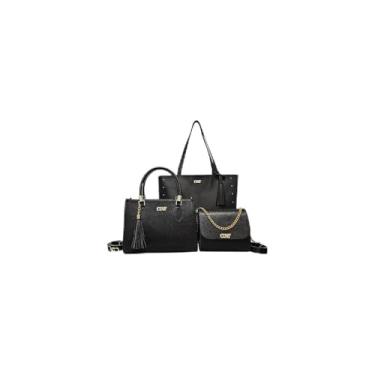 Imagem de Kit 3 Peças Bolsa Feminina Tote, Couro Sintético, Preta, com Bolsa Grande 43x30x11cm, Bolsa Média Transversal e Necessaire, Alças Trançadas