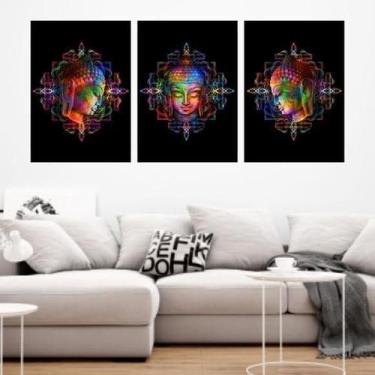 Imagem de Kit 3 Quadros Buda Colorido Mandala 45X34Cm Moldura Preta - Quadros On