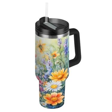 Imagem de Blueangle Copo de pintura em aquarela cosmos de 850 g com alça e tampa de palha, caneca de viagem de aço inoxidável isolada a vácuo de parede dupla, garrafa de água reutilizável para academia de