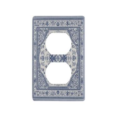 Imagem de Blueangle Placa de parede frente e verso estilo porcelana azul e branca, tamanho padrão, placas de cobertura de tomada elétrica de 1 gangue para decoração de quarto de escritório em casa, 4,53 x 2,76