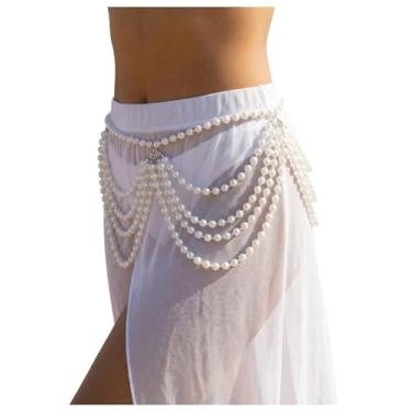 Imagem de WDIRARA Acessórios femininos de biquíni de praia com corrente de cintura e pérolas, Camadas brancas, tamanho �nico