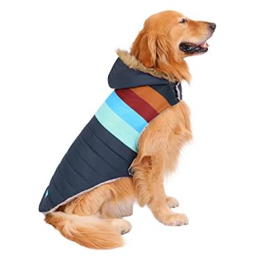Imagem de HDE Jaqueta Puffer para cães forrada com lã parca quente para cachorro casaco de inverno com furo para arnês azul marinho listra retrô - GG