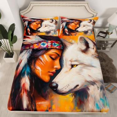Imagem de Erosebridal Jogo de cama casal com lobo caçador, mulher indiana e lobo, para decoração de quarto de crianças e adultos, exótico, étnico asteca, vida selvagem, 2 fronhas (sem lençol de cima)