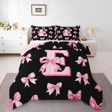 Imagem de Erosebridal Conjunto de cama casal com laço rosa, com estampa de letra E, fofo, coquete, laço para meninas, crianças, adolescentes, estilo princesa, rosa, monograma, preto, edredom macio
