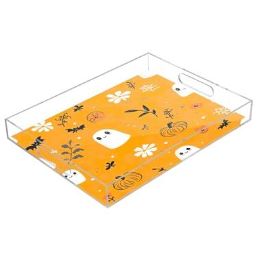 Imagem de xigua Bandeja de servir de acrílico fantasma de Halloween com alças à prova de derramamento, bandejas decorativas de festa de Halloween, bandeja organizadora de bancada para banheiro, cozinha, 30,5 x