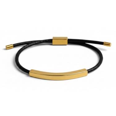 Imagem de Pulseira de couro com barra curvada de aço inoxidável banhado a ouro 18 K para mulheres, pulseira deslizante minimalista de couro genuíno ajustável - joia moderna da amizade, presente para meninas