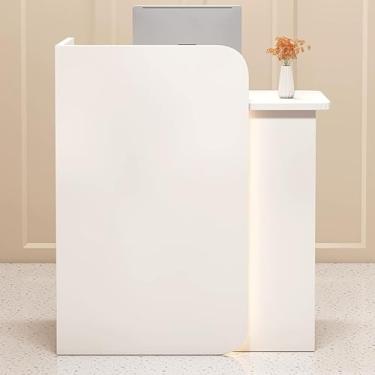 Imagem de Mesa de recepção branca com gaveta bloqueável e faixa de luz LED - balcão de recepção pequeno para salão de escritório - 80 x 45 x 100 cm