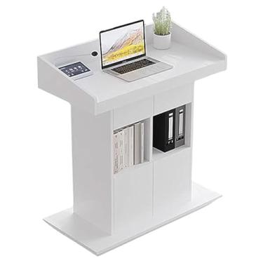 Imagem de Suporte de pódio portátil de madeira com gaveta e armário de armazenamento, púlpito de igreja e mesa de professores, branco quente de 99,8 cm com placa defletora - ideal para eventos e apresentações