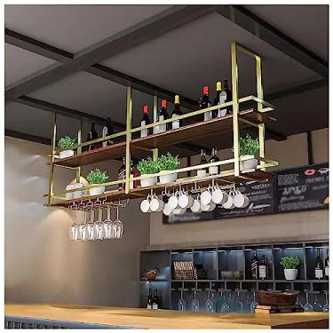 Imagem de Rack de vinho suspenso no teto industrial, com suporte e prateleira de vidro, prateleira de garrafa de vinho de madeira de 2 níveis, rack de exibição multifuncional para armazenamento de vinho (cor