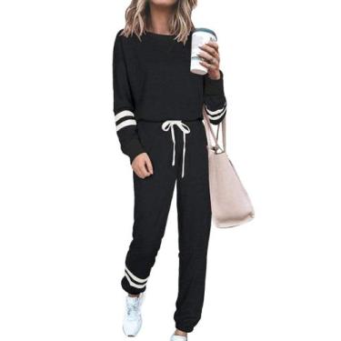 Imagem de Conjunto de Moletom PRETTYGARDEN Feminino Dois Peças Preto Listrado Ta