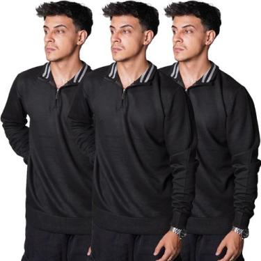 Imagem de Kit 3 Blusa Polo Meio Zíper Masculino Manga Longa 100 Poliéster Outono