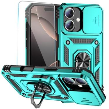 Imagem de SunStory Capa para iPhone 16 com protetor de tela HD e capa de câmera deslizante e suporte de anel girado, [grau militar] capa de telefone para iPhone 16 (6,1 polegadas) (azul-petróleo)