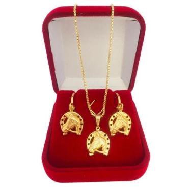 Imagem de Kit Conjunto Colar e Brinco Ferradura Cavalo Banhado a Ouro 18k - Dini
