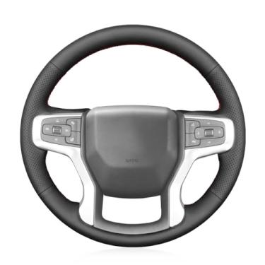 Imagem de MEWANT Capa de volante de couro genuíno preta DIY para Chevrolet Silverado 1500/2500/3500 Suburban Tahoe Blazer