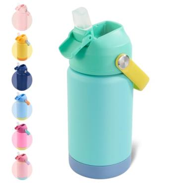Imagem de Kerilyn Garrafa de água térmica infantil de 355 ml, copo infantil à prova de vazamento com tampas de canudos, garrafas de água infantis para meninos e meninas, garrafa isolada a vácuo de aço inoxidável para crianças, sem BPA, Mix2