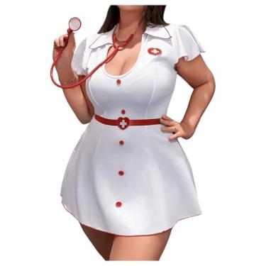 Imagem de WDIRARA Women's Plus Size Nurse Costume Cosplay Zip Front Halter Lingerie Set with Headband White and Red XX-Large Plus