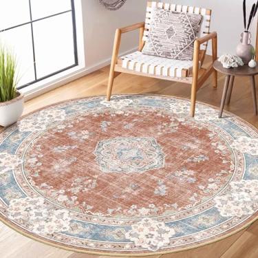 Imagem de MUJOO Tapete redondo Boho 1,5 m, tapetes circulares laváveis para quarto, sala de estar, banheiro, grande, vintage, antiderrapante, tapete circular, laranja, azul marinho, floral